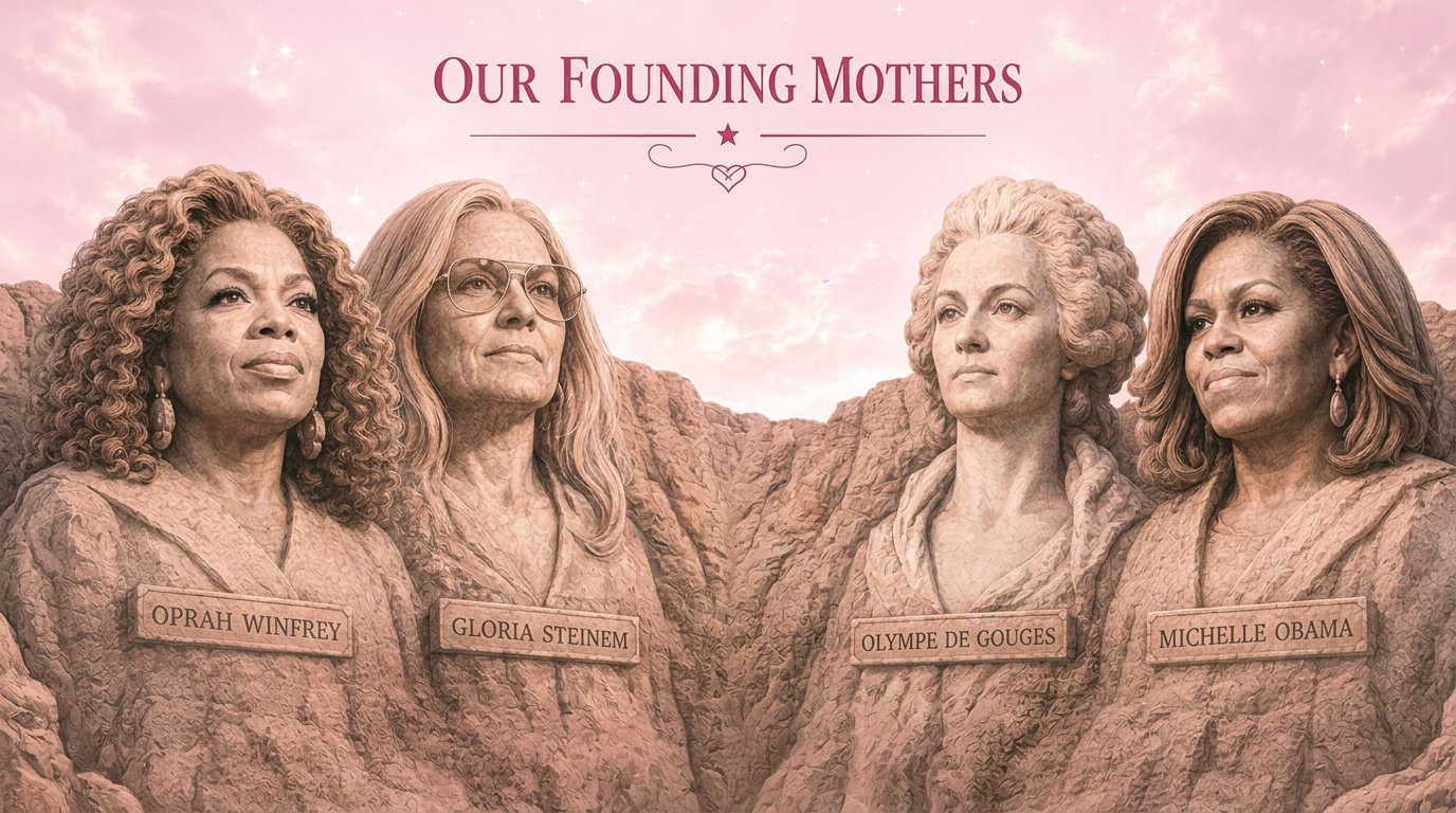 Mount Rushmore-style monument titled Our Founding Mothers with Oprah Winfrey, Gloria Steinem, Olympe de Gouges, and Michelle Obama